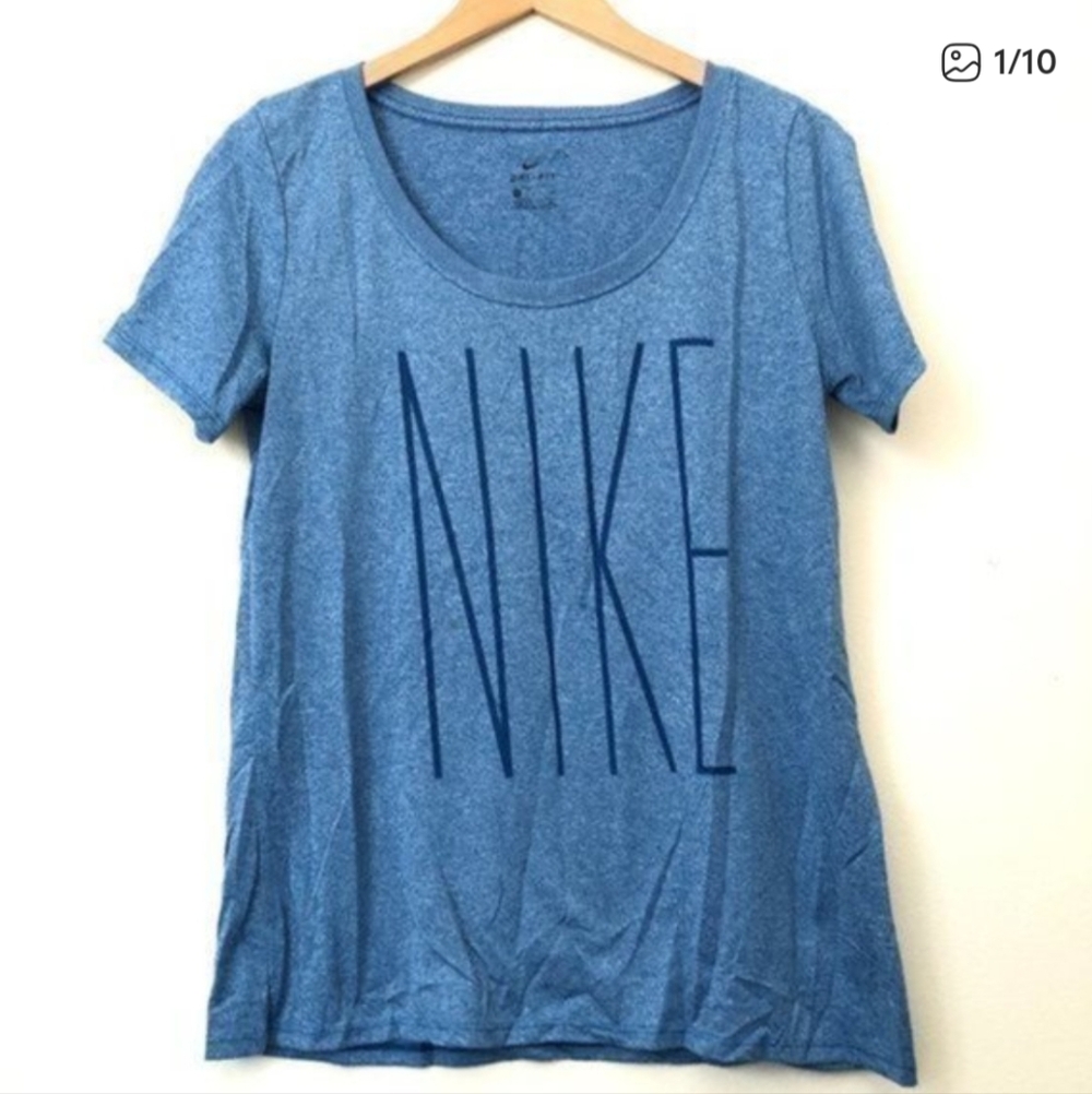 NIKE Dri-Fit Blue Heathered Logo Spellout Scoop Neck Short Sleeve Tee Medium M
